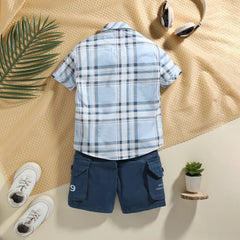 Boys Blue Checked Short Sleeves Shirt With Cargo Shorts & T-Shirt Sets