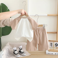 Boys Beige Dino Patchwork Raglan Sleeve T-shirt with Shorts Set
