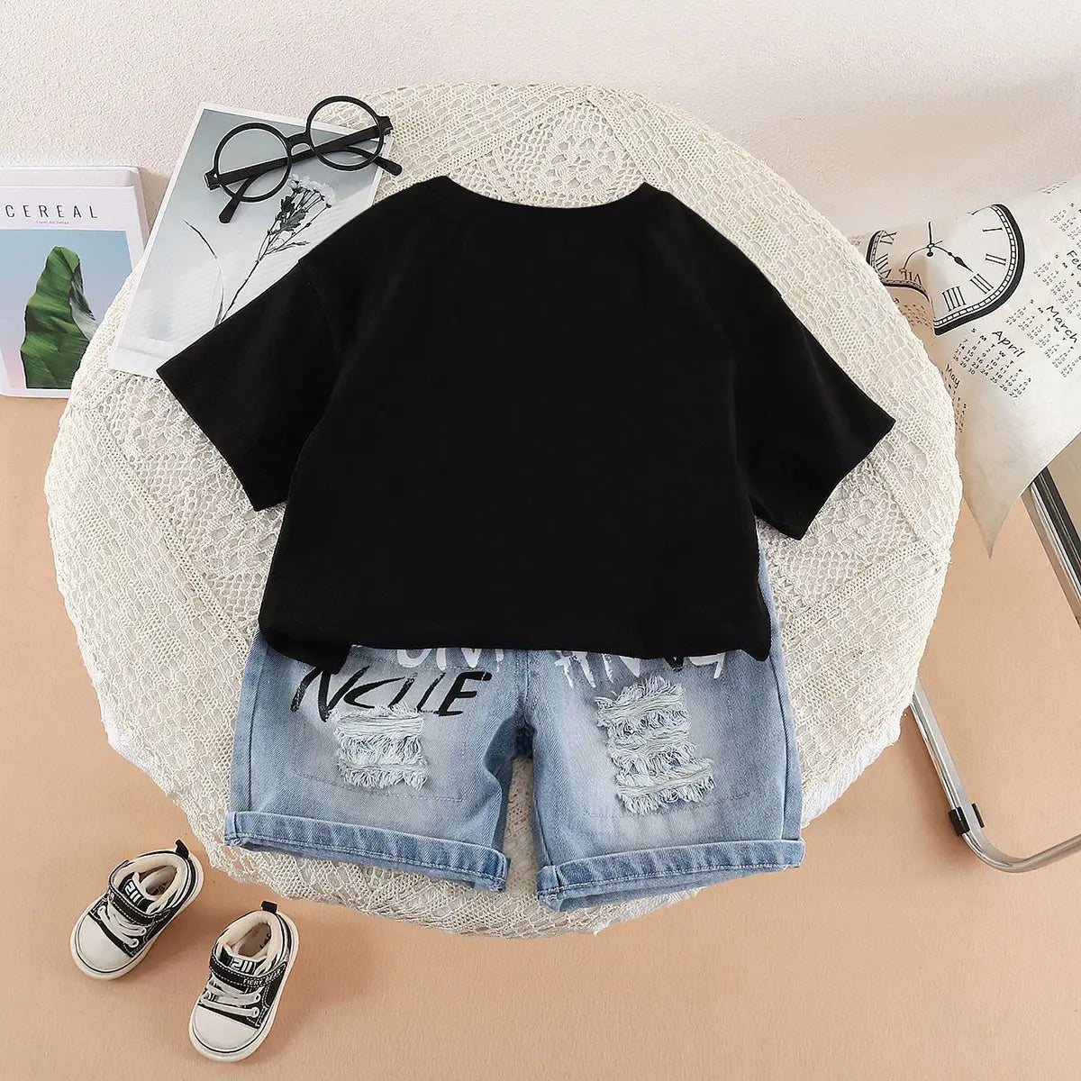 Boys Black Cap Graphic Short Sleeve T-Shirt With Distressed Denim Shorts Sets