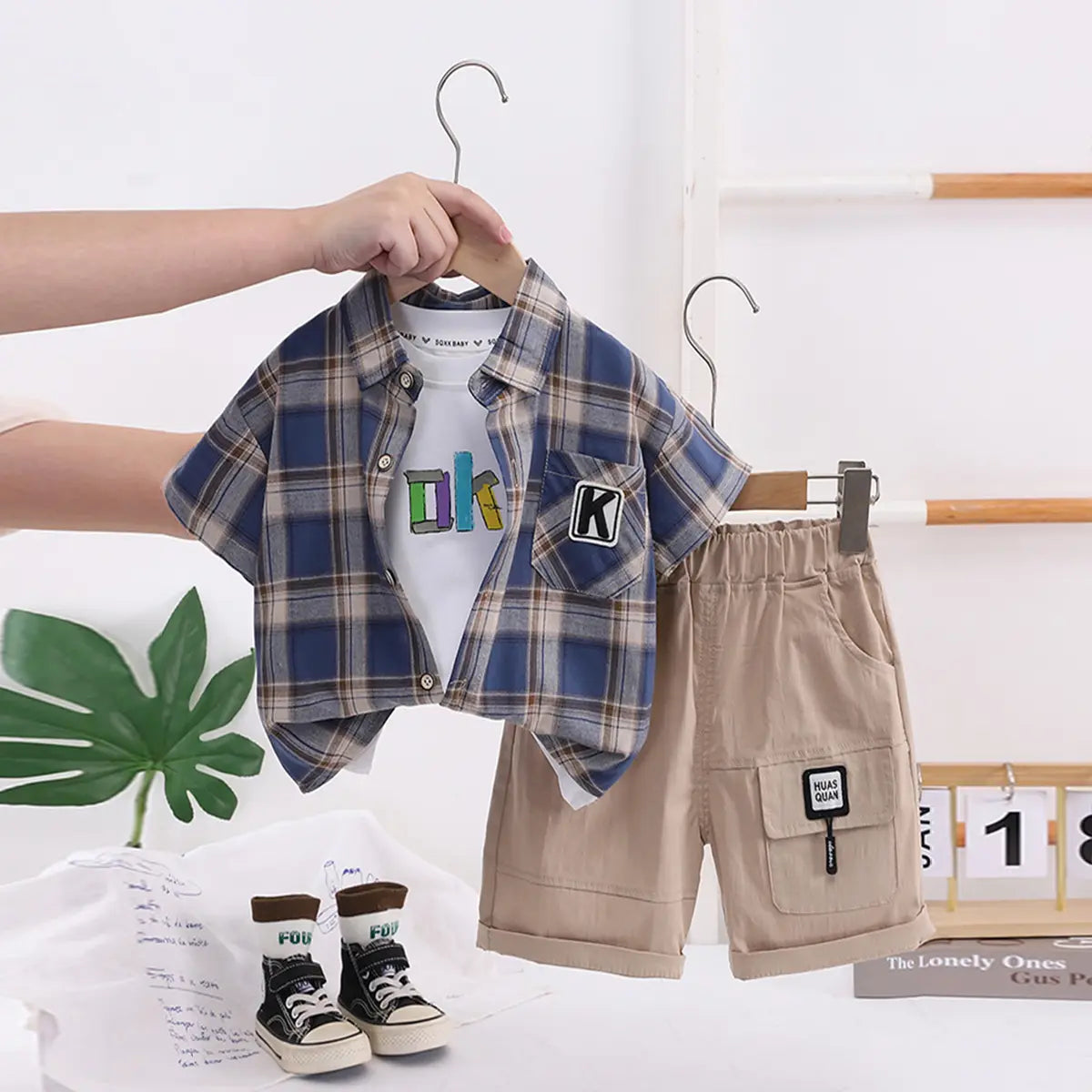 Boys Blue Checked Short Sleeve Shirt With Printed T-Shirt And Shorts Sets