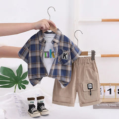 Boys Blue Checked Short Sleeve Shirt With Printed T-Shirt And Shorts Sets