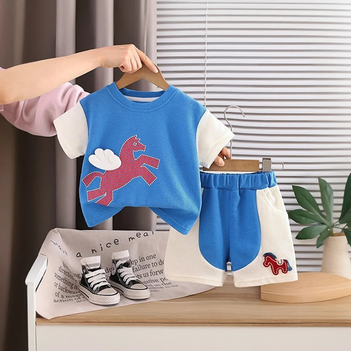 Boys Blue Horse Printed Short Sleeve T-Shirt With Elasticated Shorts Sets