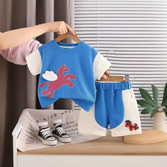 Boys Blue Horse Printed Short Sleeve T-Shirt With Elasticated Shorts Sets