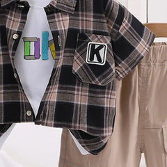 Boys Black Checked Short Sleeve Shirt With Printed T-Shirt And Shorts Sets