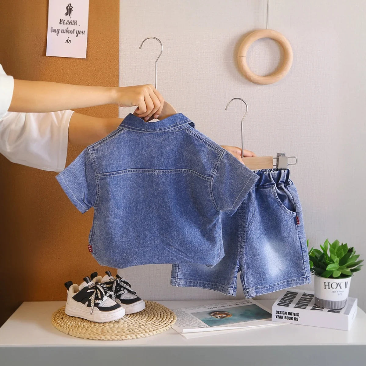 Boys Blue Denim Shirt & Shorts With Sleeveless T-Shirt Sets
