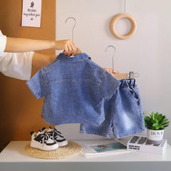 Boys Blue Denim Shirt & Shorts With Sleeveless T-Shirt Sets