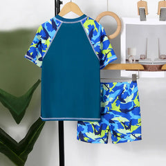 Boys Blue Fish Printed T-Shirt With Shorts Swimwear Sets