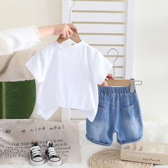 Boys  White Graphic Printed Short Sleeves T-Shirt With Denim Shorts Set