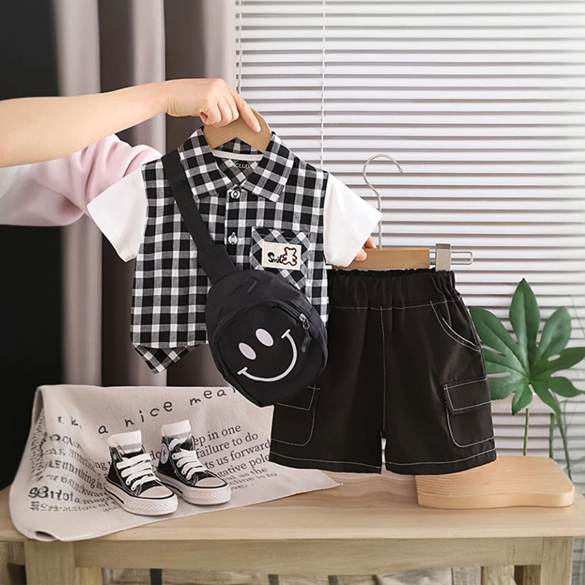 Boys Black Checked Shirt With Shorts & Sling Bag Sets