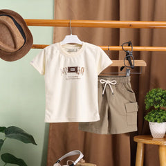 Boys Apricot Typographic Printed T-Shirt With Cargo Shorts Sets