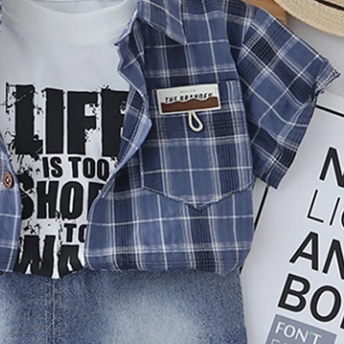 Boys Blue Checked Shirt With Printed T-Shirt & Denim Shorts Set
