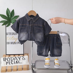 Boys Black Washed Denim Shirt With Shorts Sets