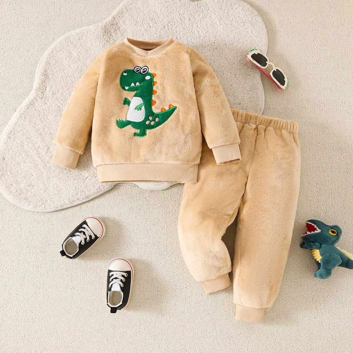 Boys Beige Dinosaur Embroidered Sweatshirt With Jogger Co-ord Set