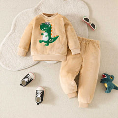 Boys Beige Dinosaur Embroidered Sweatshirt With Jogger Co-ord Set