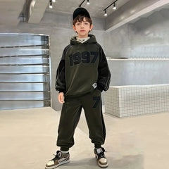 Boys Army Green Numeric Printed Oversized Hooded Sweatshirt With Jogger Co-ord Sets