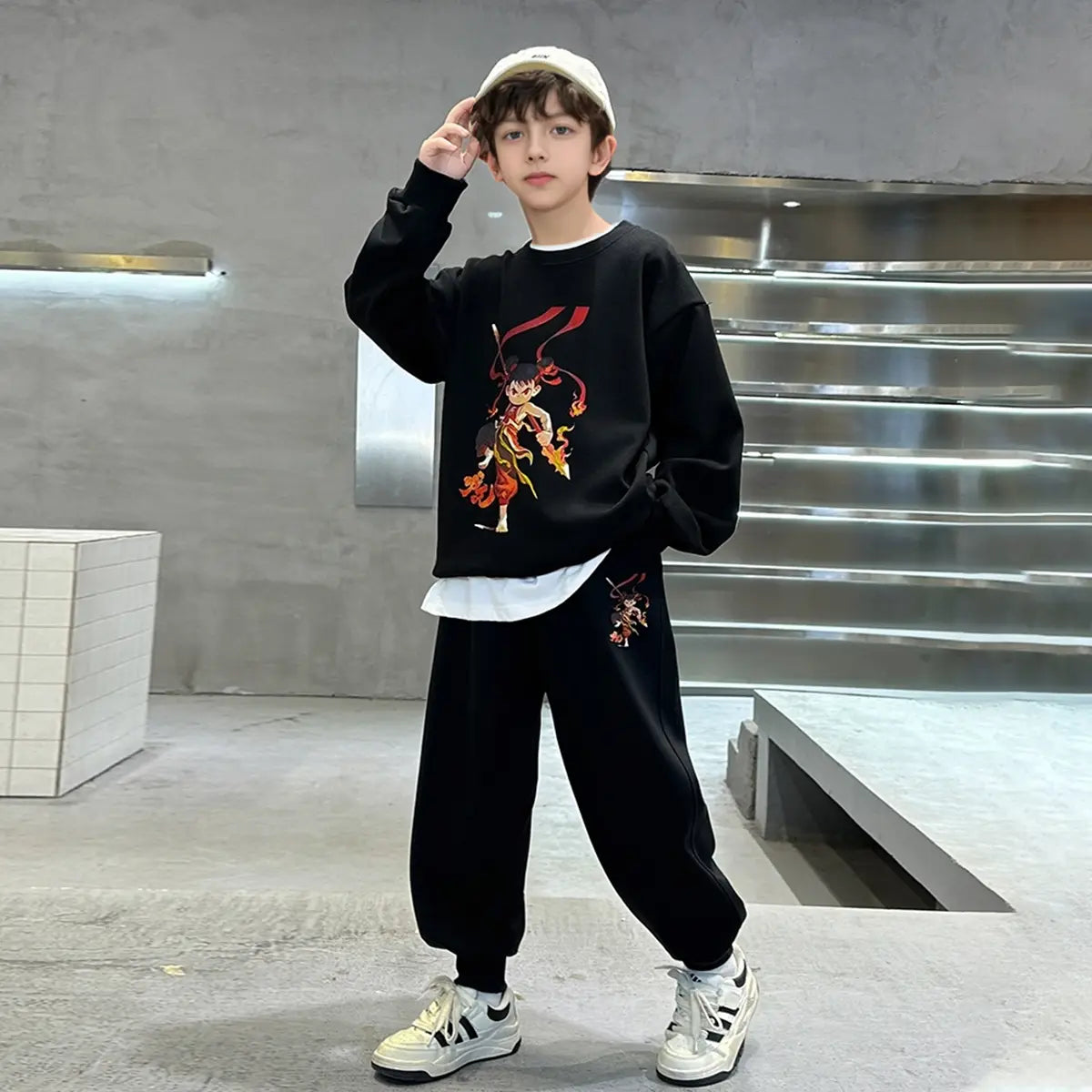 Boys Black Graphics Printed Oversized Sweatshirt With Jogger Co-ord Sets