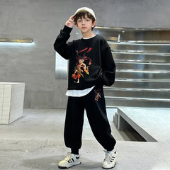 Boys Black Graphics Printed Oversized Sweatshirt With Jogger Co-ord Sets