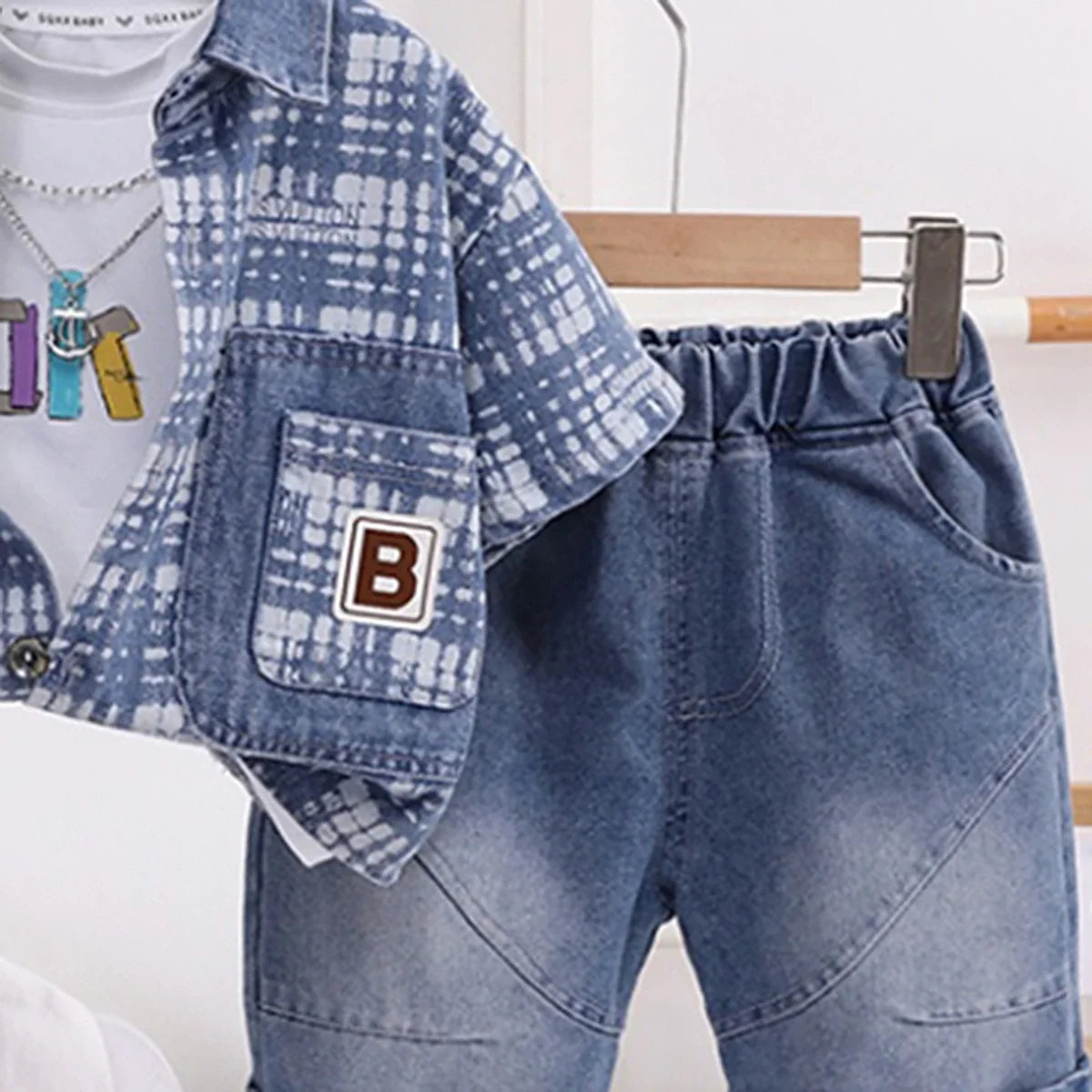Boys Blue Checked Short Sleeve Shirt With T-Shirt And Denim Shorts Sets