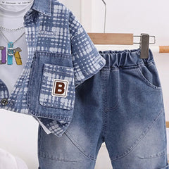Boys Blue Checked Short Sleeve Shirt With T-Shirt And Denim Shorts Sets