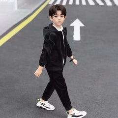 Boys Black Hooded Zipper Jacket With Jogger Co-ord Sets