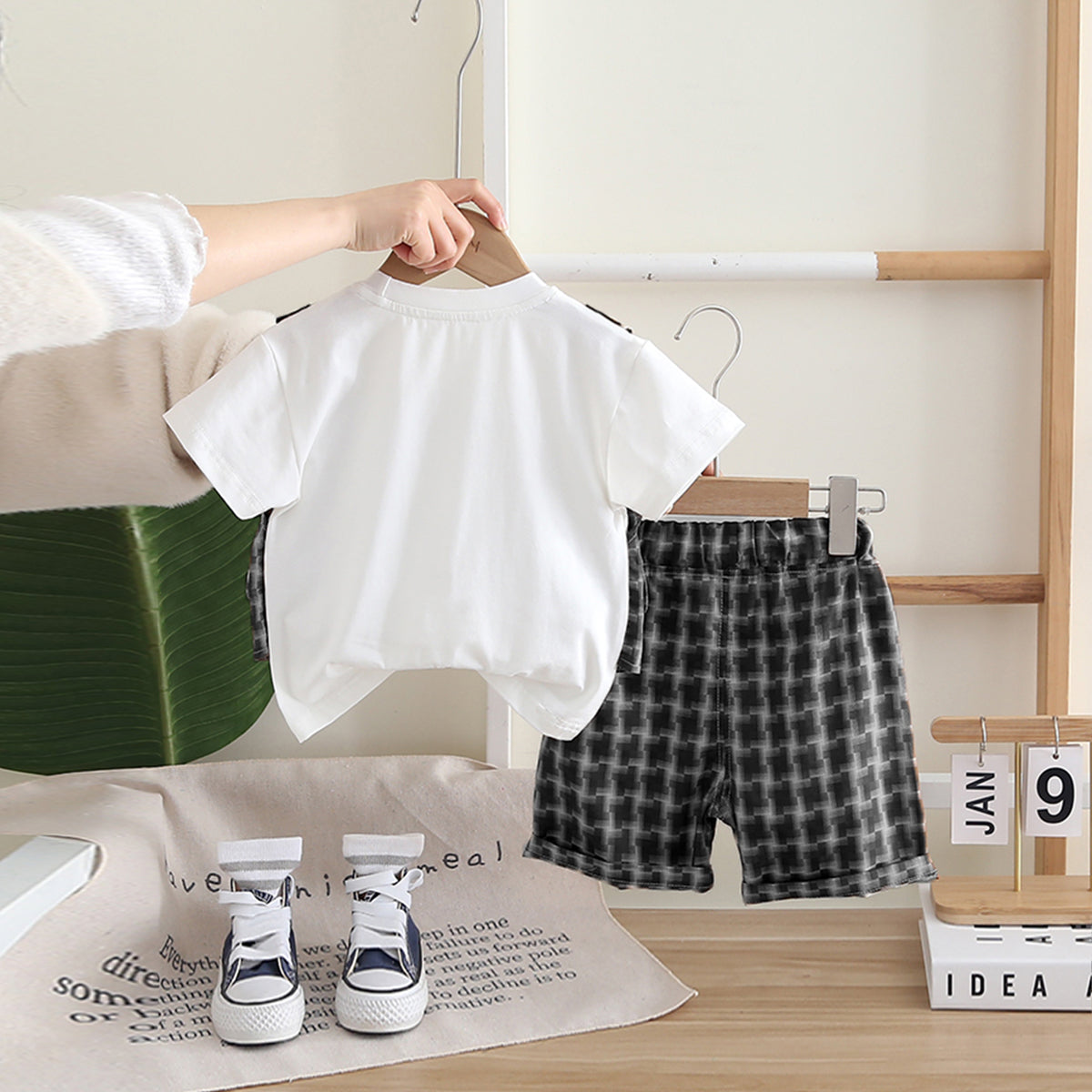 Boys Attached Waistcoat T-Shirt With Black Abstract Printed Shorts Set