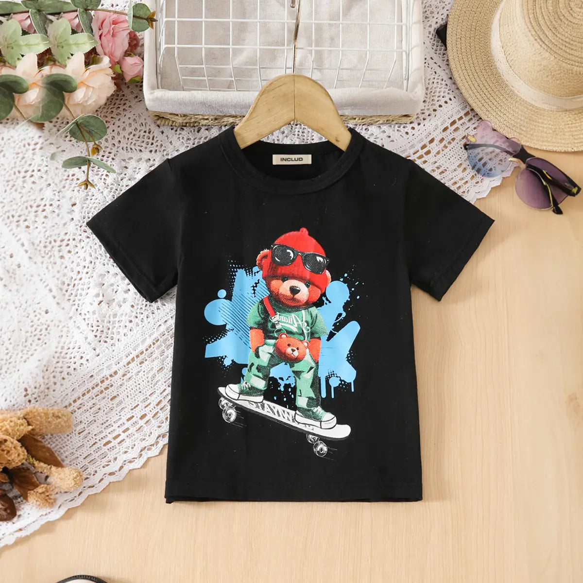 Boys Black Graphics Short Sleeves T-Shirt With Denim Pants Set