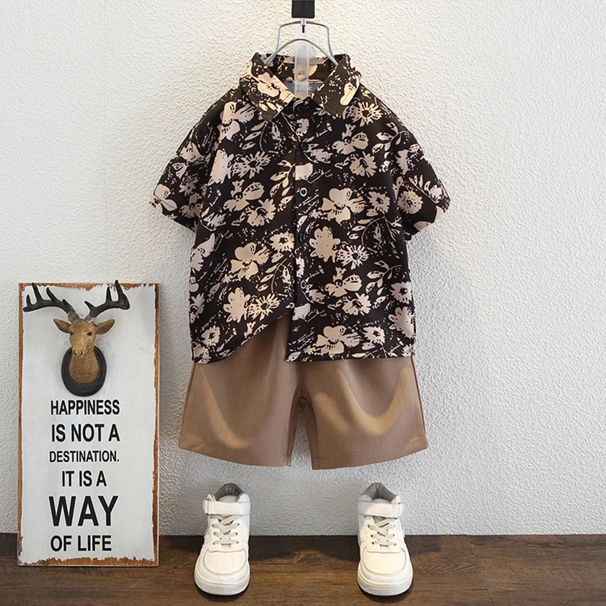 Boys Black Floral Print Button-Down Shirt With Shorts Set