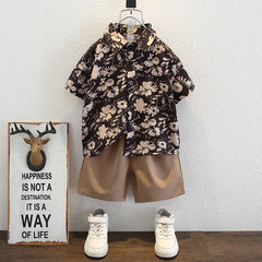 Boys Black Floral Print Button-Down Shirt With Shorts Set