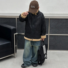 Boys Black Faux Leather Heavy Jacket With Fleece Lining