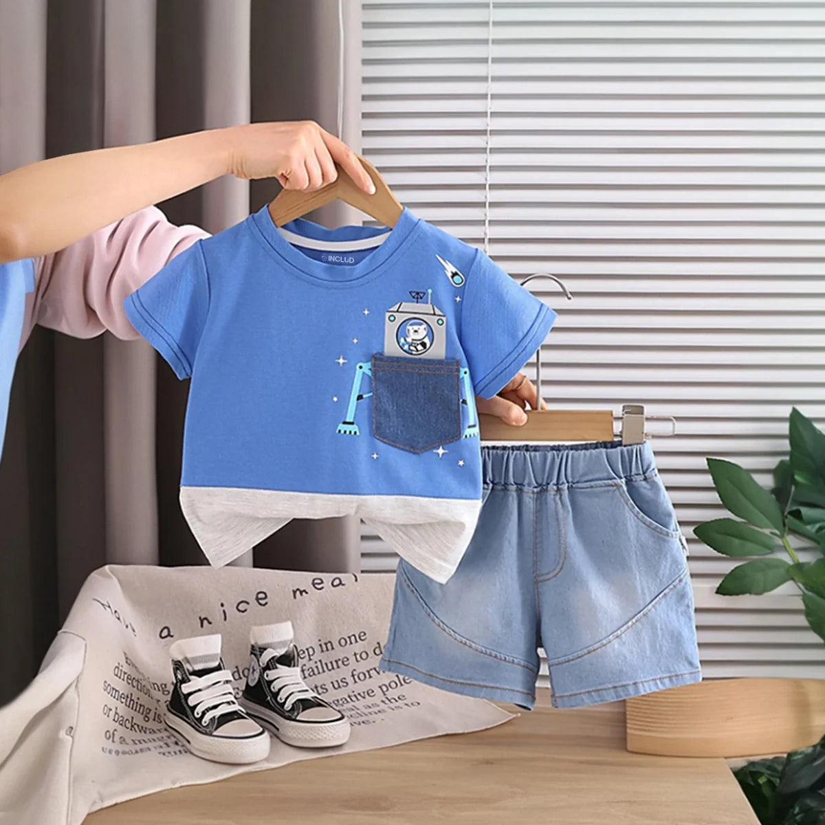 Boys Blue Graphics T-Shirt With Denim Shorts Set