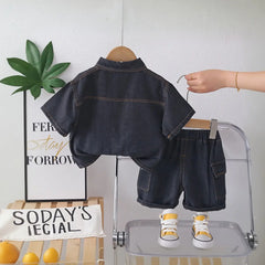 Boys Black Denim Short Sleeves Shirt & Shorts Co-ord Sets