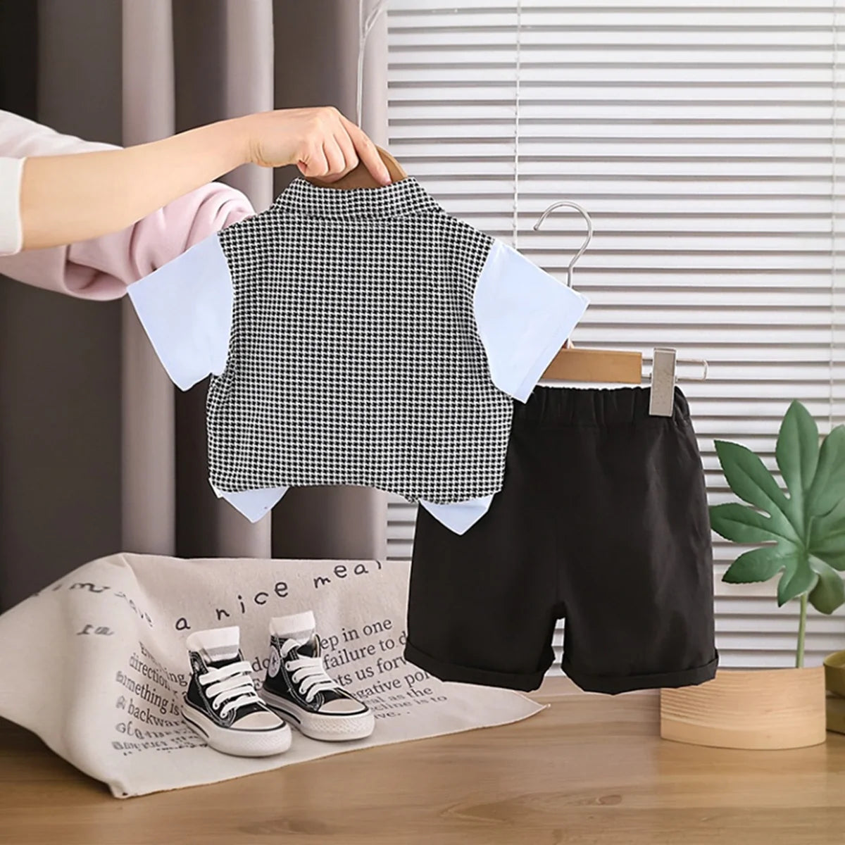 Boys Blue Houndstooth Fake waistcoat Shirt With Shorts Sets