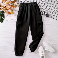 Boys Black Solid Elasticated Bottom Cargo Trouser