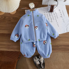 Boys Blue Fleece Puppy Cartoon Printed Zip-up Jacket With Jogger Co-ord Sets