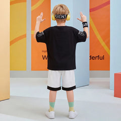 Boys Black Typographic Print Short Sleeve T-Shirt With Shorts Sets