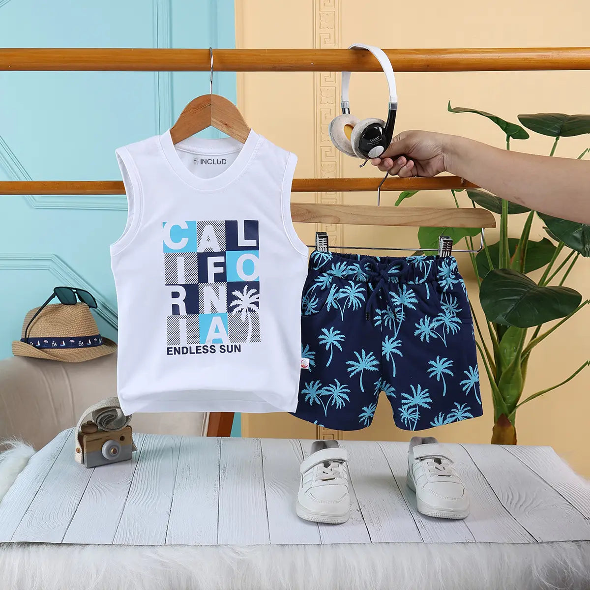 Boys Blue California Printed Vest With Printed Drawstring Shorts Sets