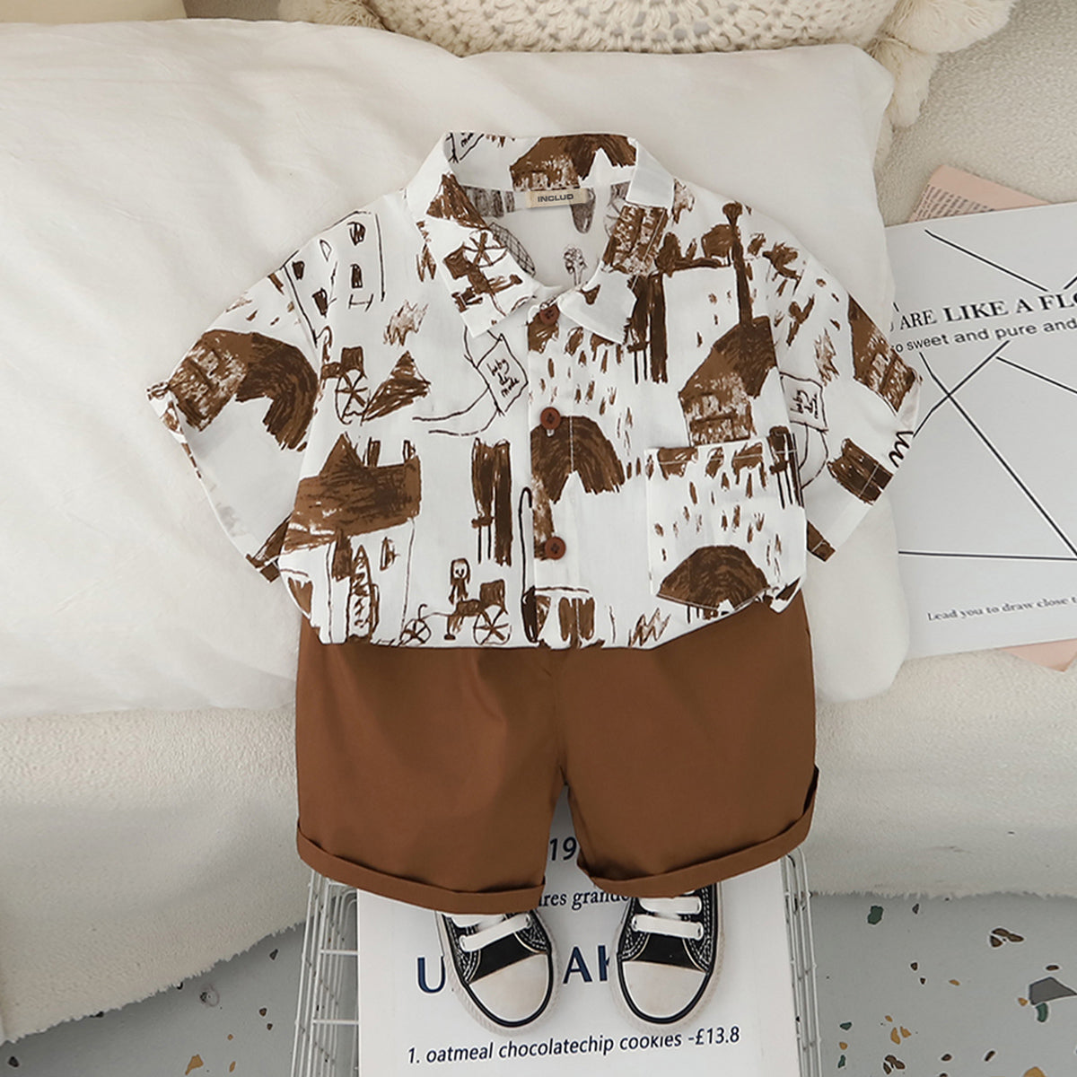 Boys Abstract Printed Short Sleeves Shirt With Brown Shorts Set
