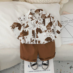 Boys Abstract Printed Short Sleeves Shirt With Brown Shorts Set