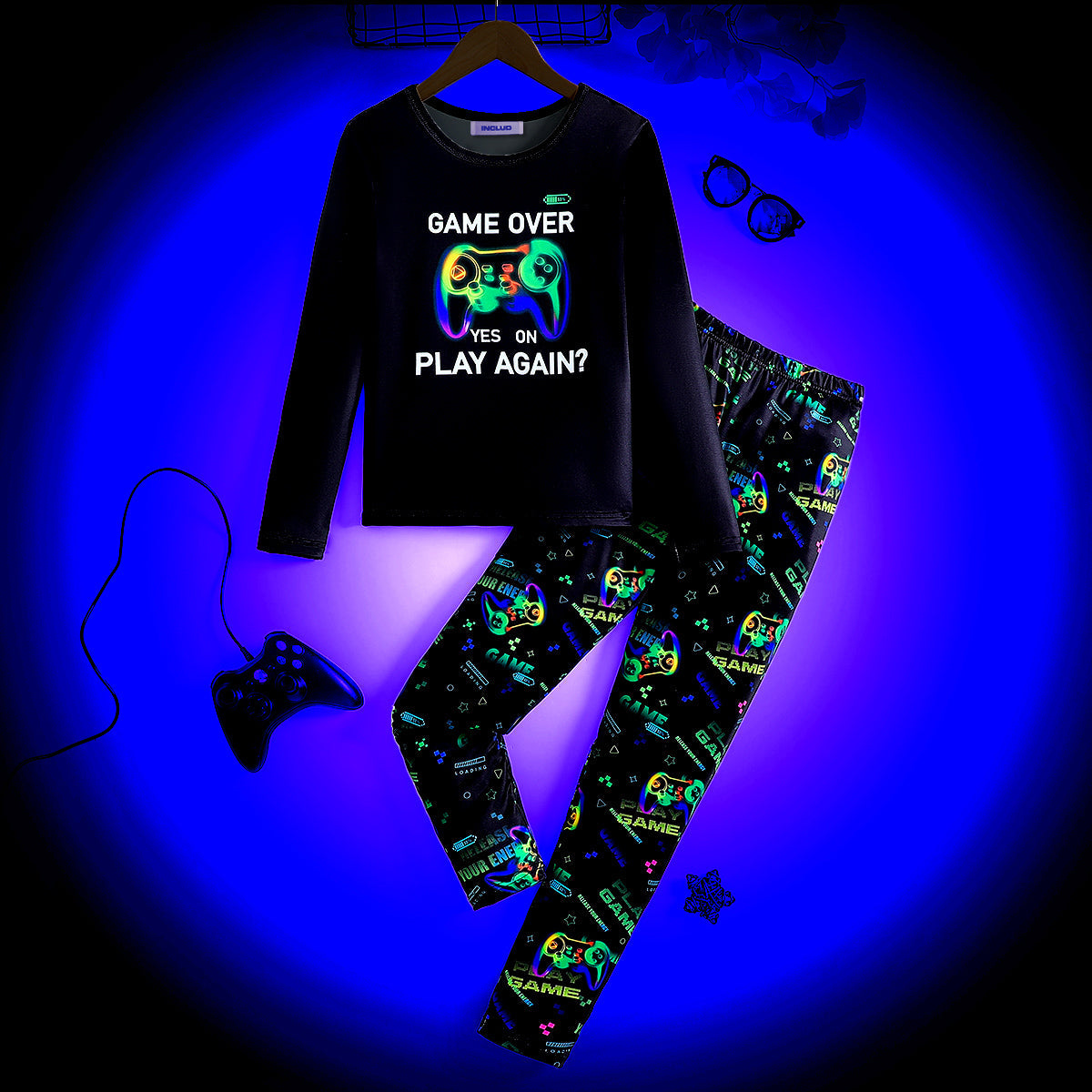 Boys Black Gaming Printed Glow in the Dark T-Shirt & Pajama Winter Set
