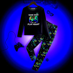 Boys Black Gaming Printed Glow in the Dark T-Shirt & Pajama Winter Set