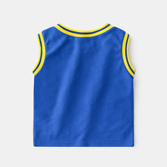 Boys Blue Alphanumeric Printed Sleeveless T-Shirt With Shorts Set