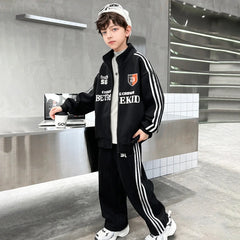 Boys Black Alphanumeric Printed Oversized Zip-up Jacket With Pants Sets
