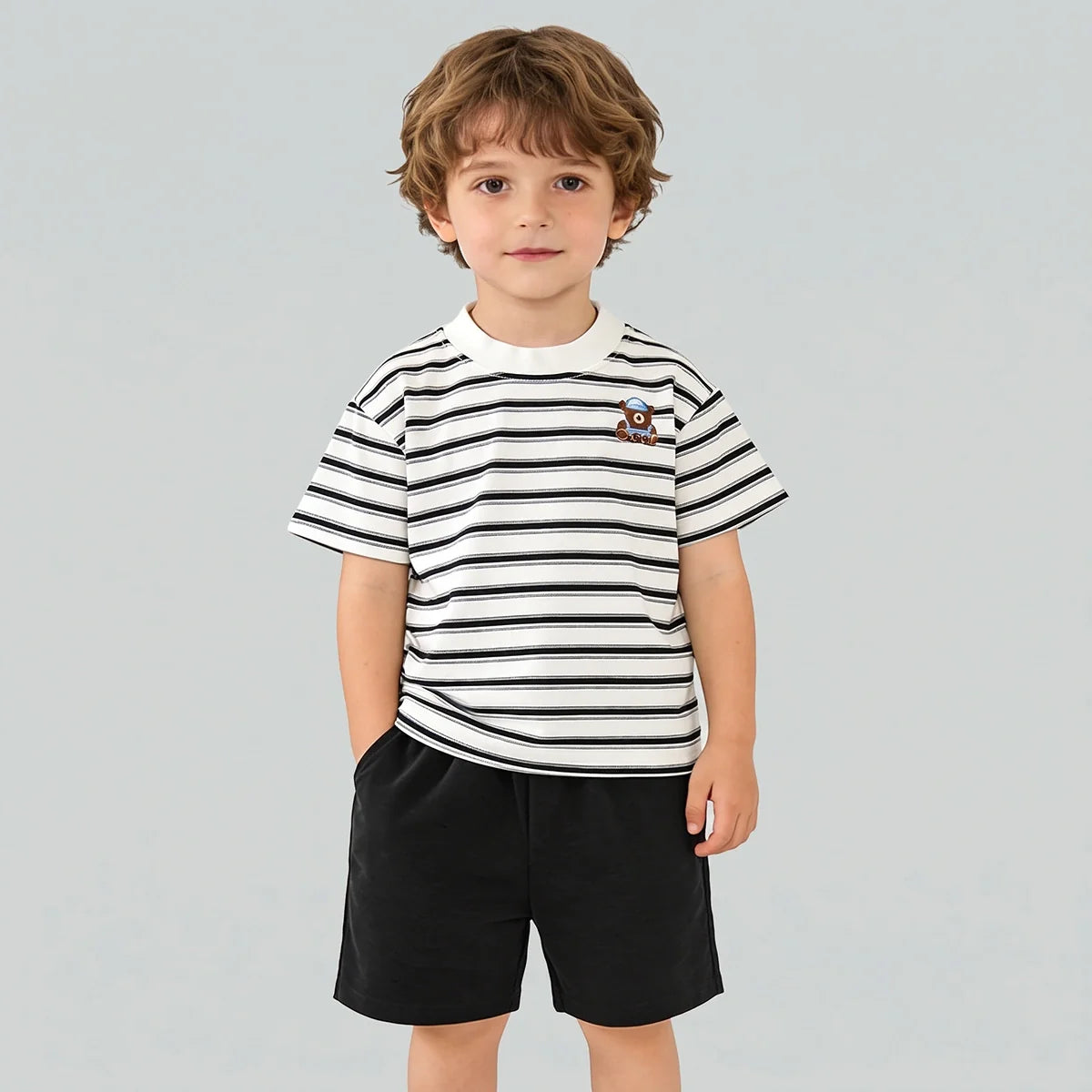 Boys Black Striped Short Sleeve T-Shirt With Shorts Sets