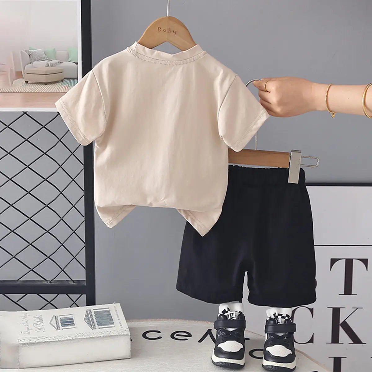 Boys Beige Typographic Printed Short Sleeve T-Shirt With Elasticated Shorts Sets