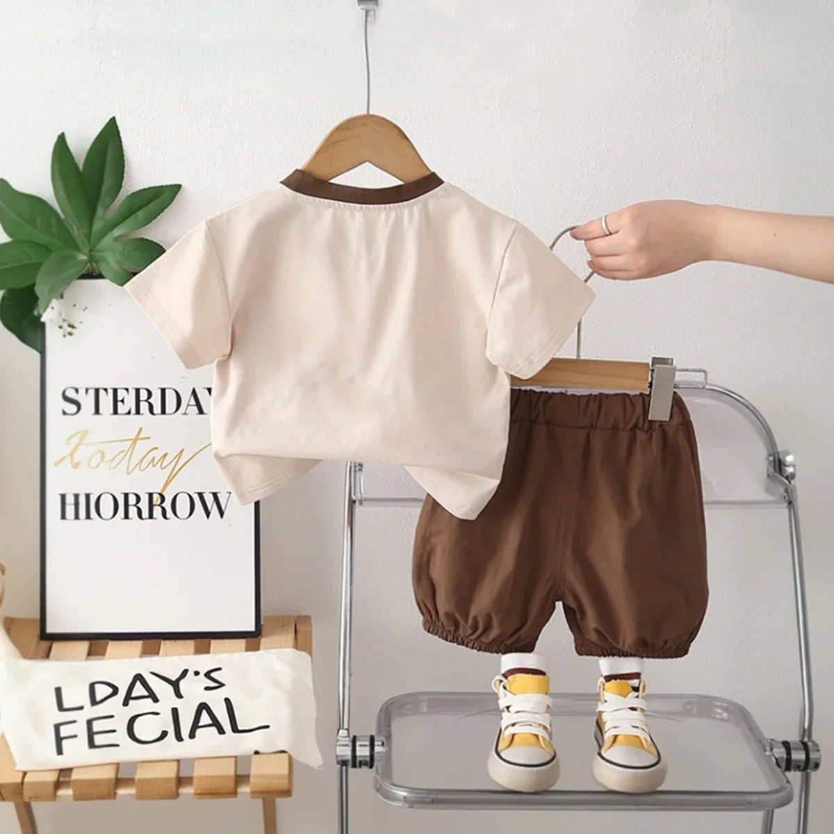 Boys Apricot Bear Motif T-Shirt With Elasticated Shorts Sets