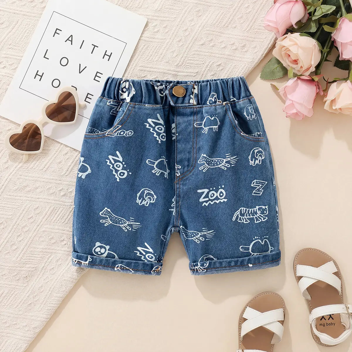 Boys Blue Animal Cartoon Printed Denim Shorts