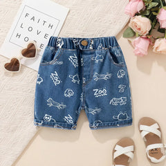 Boys Blue Animal Cartoon Printed Denim Shorts