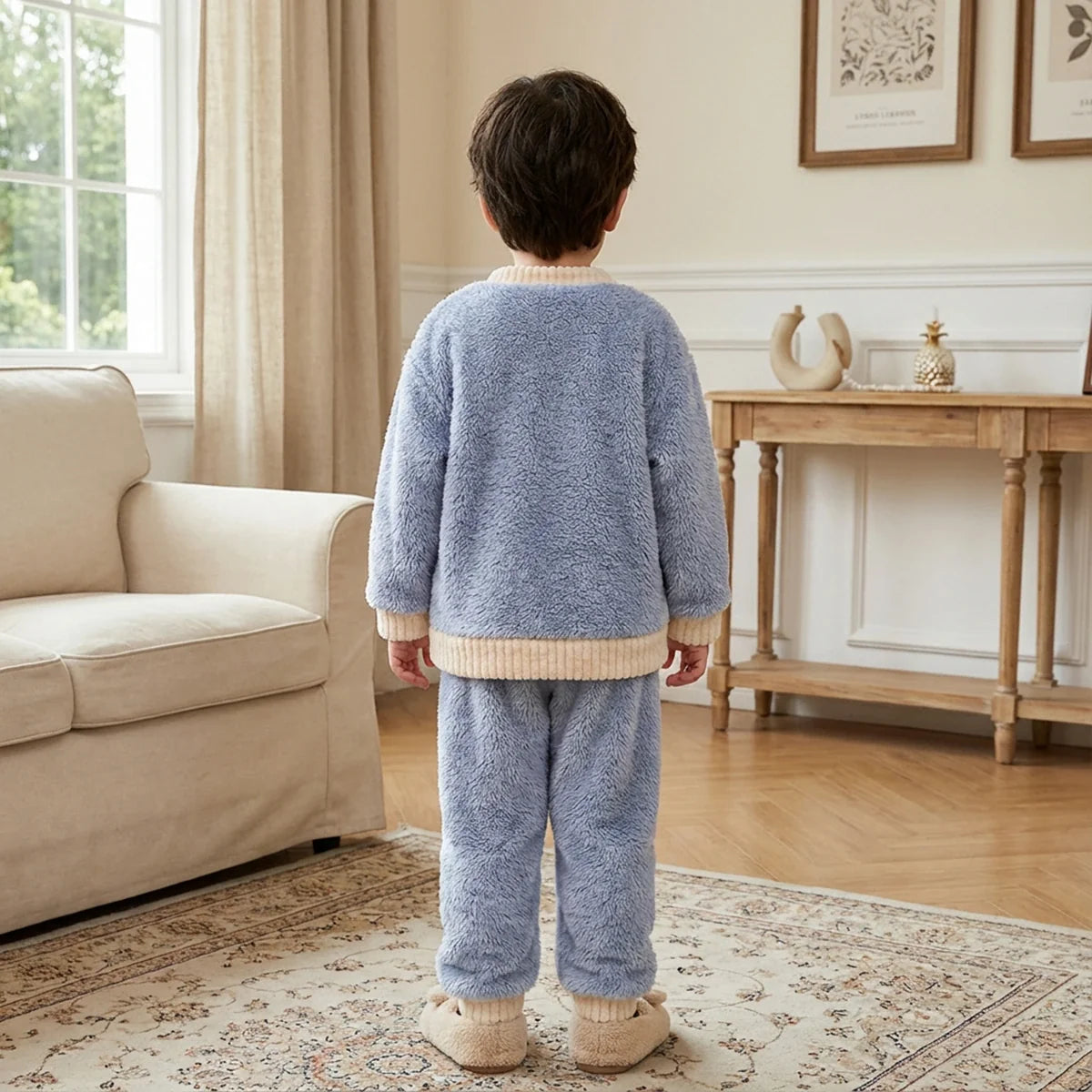 Boys Blue Fleece Bear Applique Button-up Jacket With Jogger Co-ord Sets
