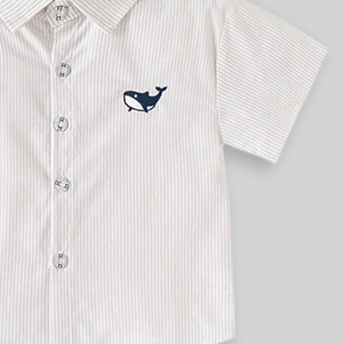 Boys Beige Striped Casual Shirt with Shark Embroidery