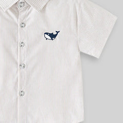 Boys Beige Striped Casual Shirt with Shark Embroidery